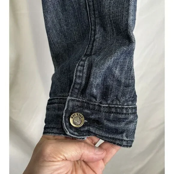 Hot Kiss Cropped Denim Jean Jacket Women's Large Long Sleeve Medium Wash - Picture 3 of 7